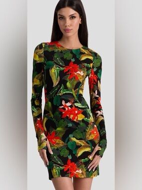 Alice + Olivia Black Tropical Floral Long Sleeve Dress (Size 8) R $395